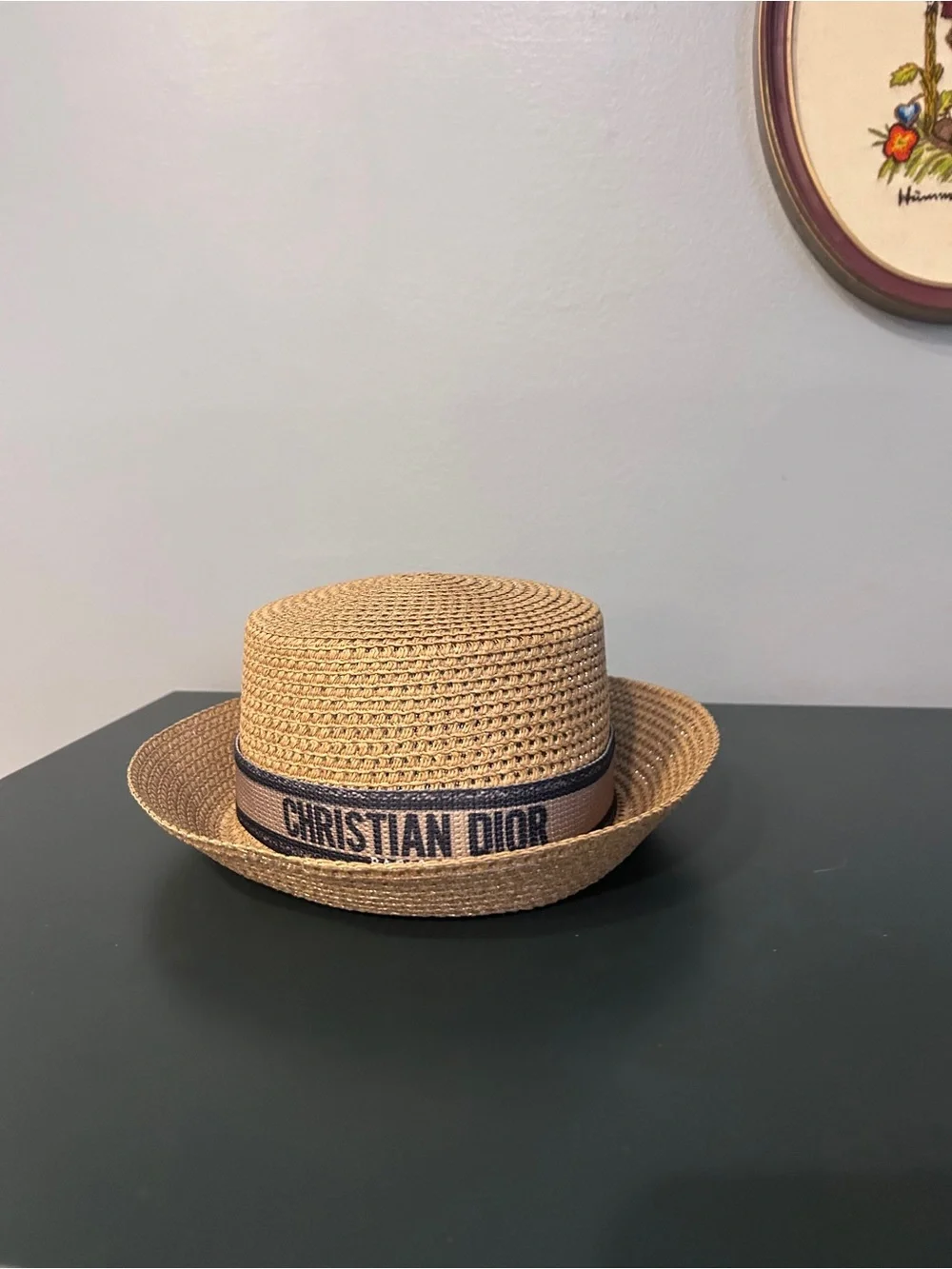 Dior Straw Boater Hat in Natural with Navy Trim